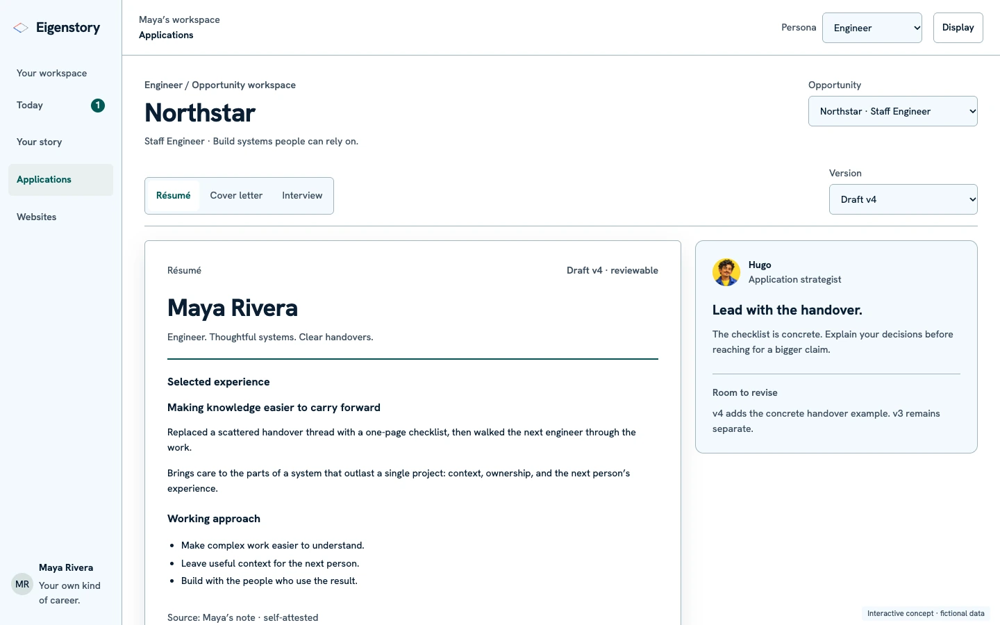 Fictional Eigenstory concept: an application workspace with role-specific writing