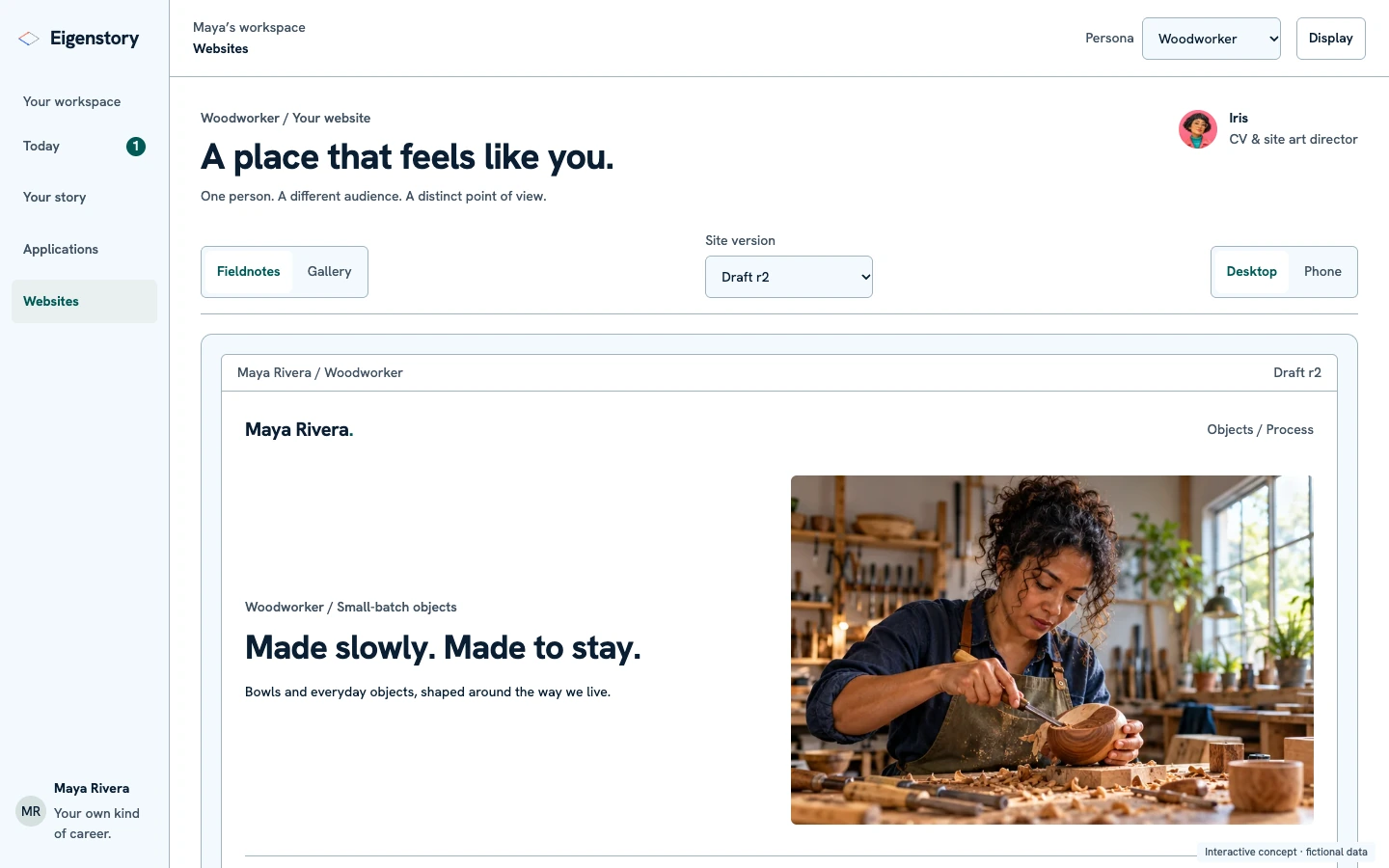 Fictional Eigenstory concept: a colorful personal portfolio website